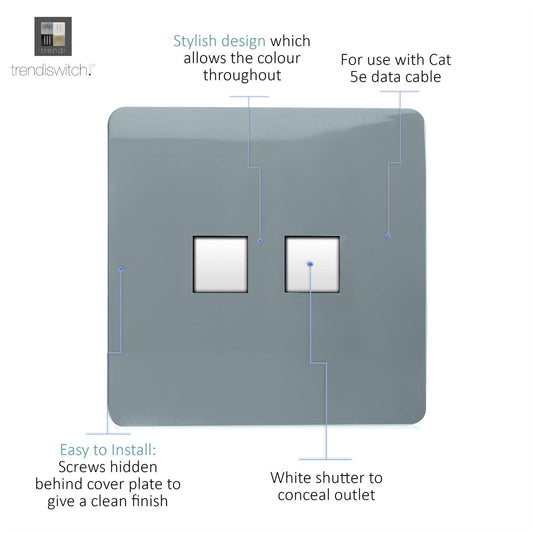 Trendi Artistic Modern Glossy 2 Gang Tactile RJ45 Cat 5e&Cat 6 PC Ethernet Socket Cool Grey