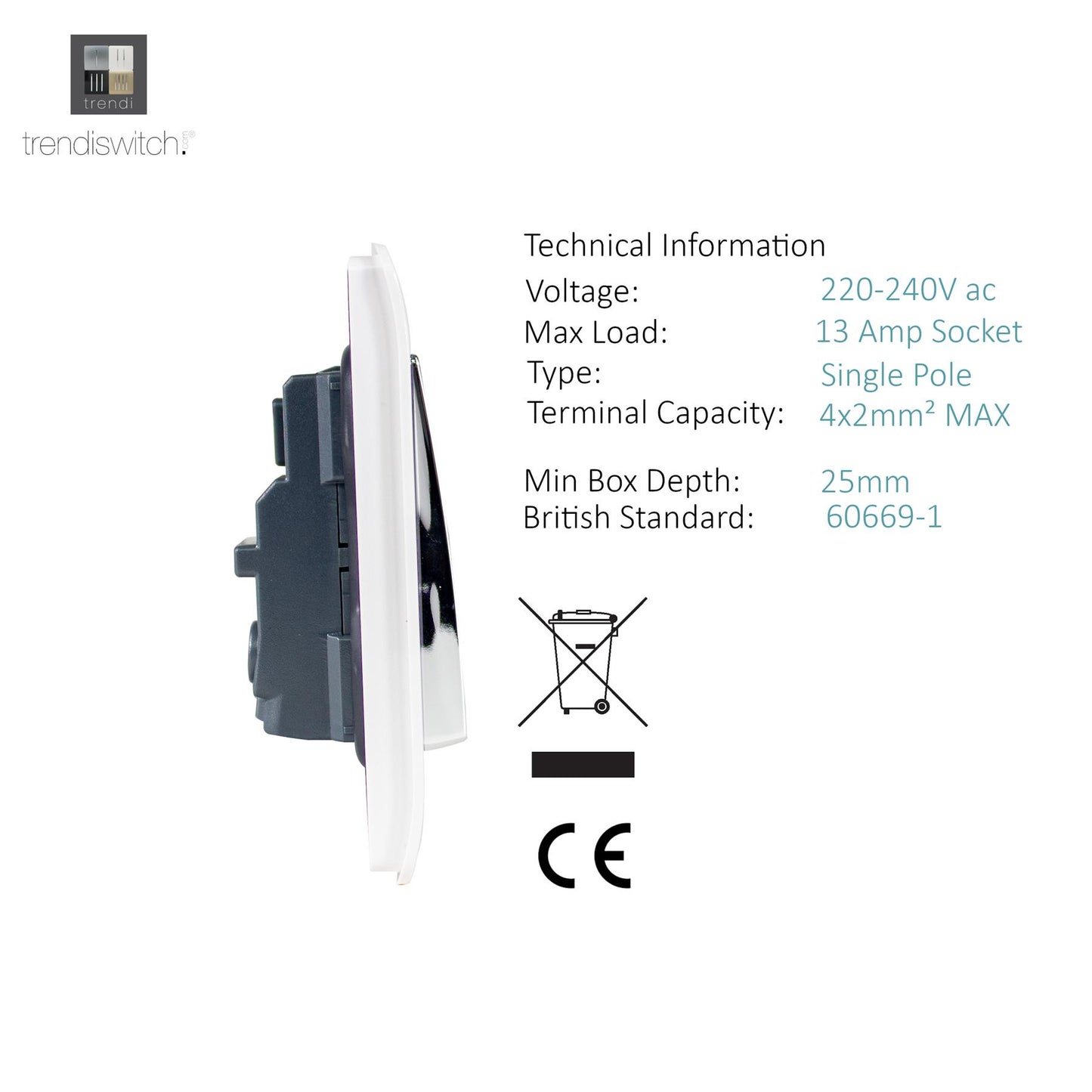 Trendi 2 Gang Raised Artistic Modern Screwless 13 Amp Single Pole with Chrome Switched UK Standard Electrical Double Wall Plug Socket in Matt White - ART-SKT213LMWH