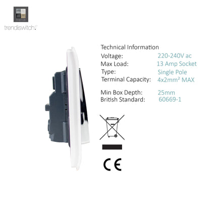 Trendi 2 Gang Raised Artistic Modern Screwless 13 Amp Single Pole with Chrome Switched UK Standard Electrical Double Wall Plug Socket in Matt White - ART-SKT213LMWH