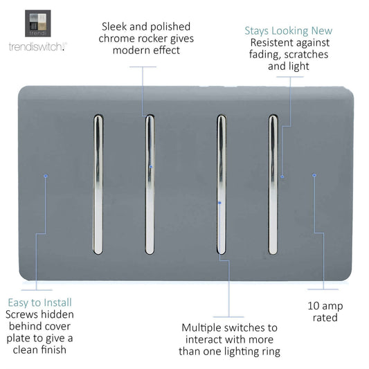 Trendi 4 Gang 3 Way Intermediate Artistic Modern Glossy 10 Amp Rocker Light Switch Warm Grey