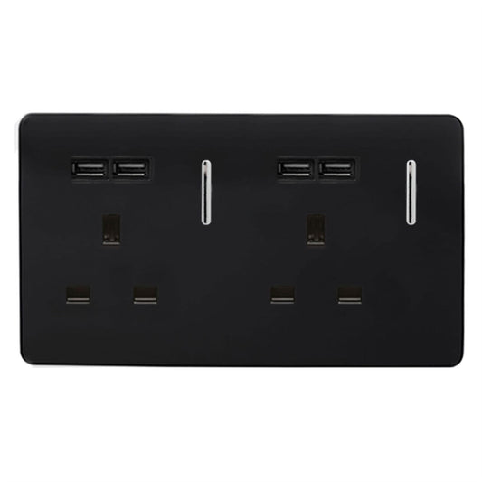 Trendi 2 Gang  13 Amp 4 x 2.1mA USB Switched Plug Socket Black ART-SKT213USBBK