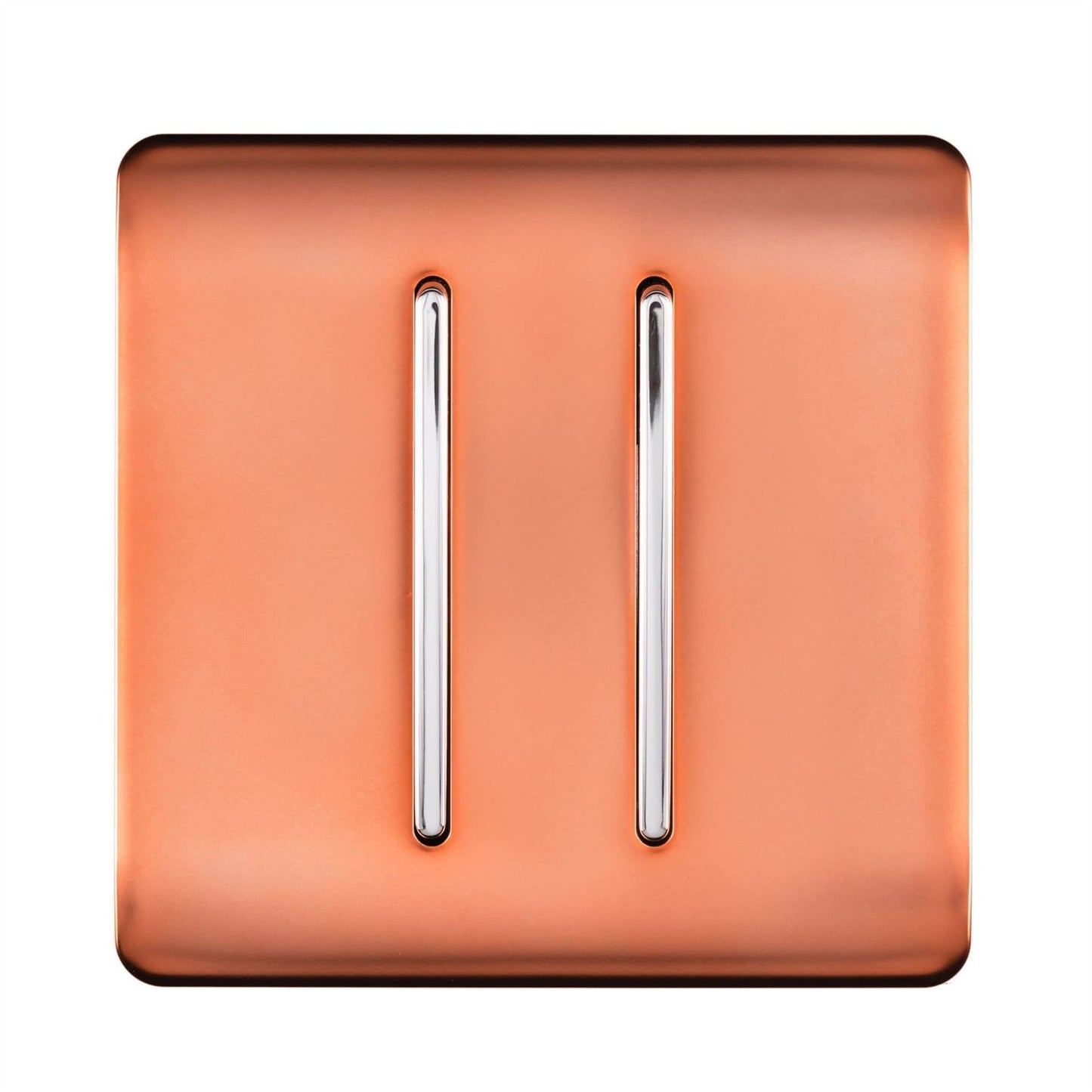 Trendi 2 Gang (2 Way & 3 way Intermediate) 240V Screwless Raised Front Plate Plastic Artistic Modern Glossy 10 Amp Chrome Rocker Double Electrical Wall Light Switch Copper - ART-SS29CPR
