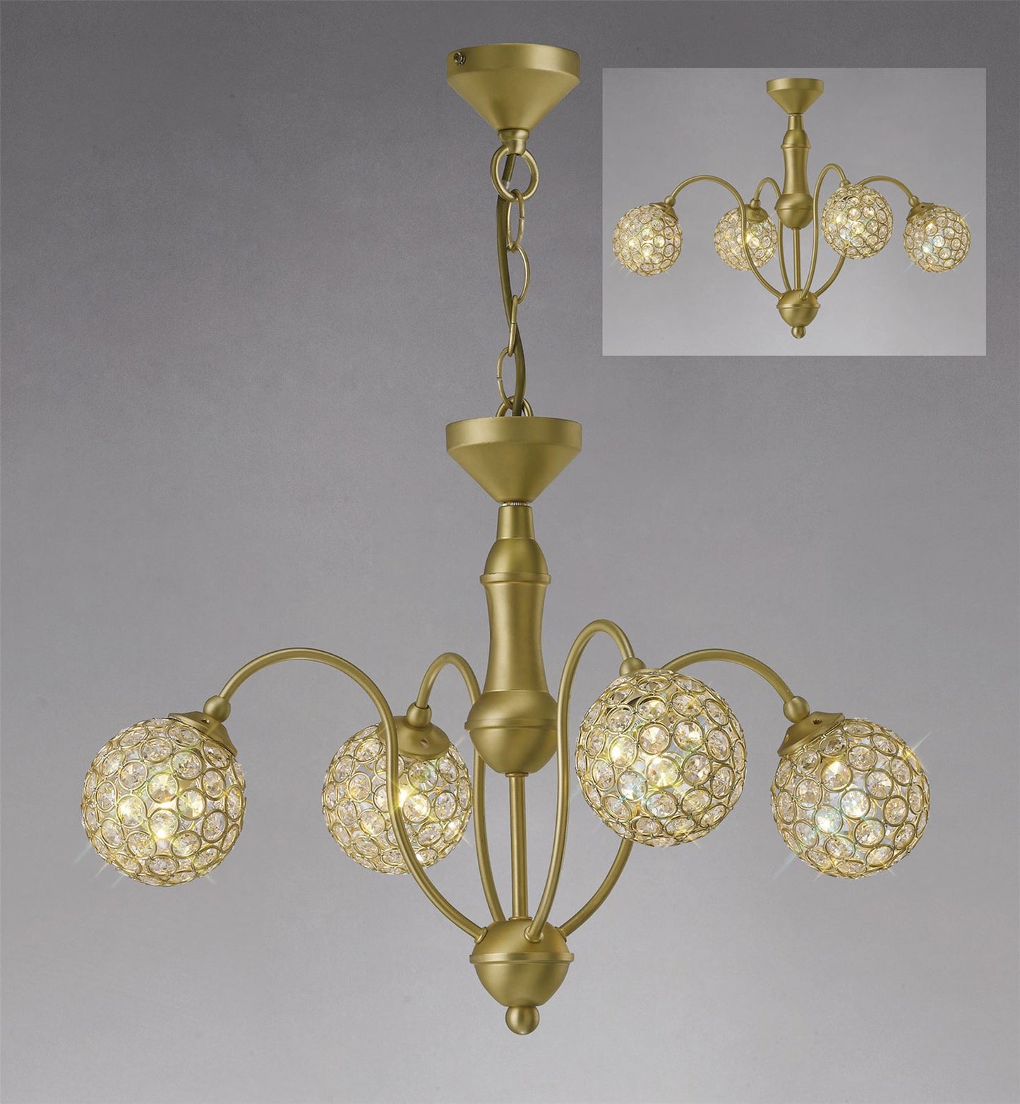 Diyas Apollo  4 Light G9 Satin Brass/Crystal Ceiling Pendant Light Fitting