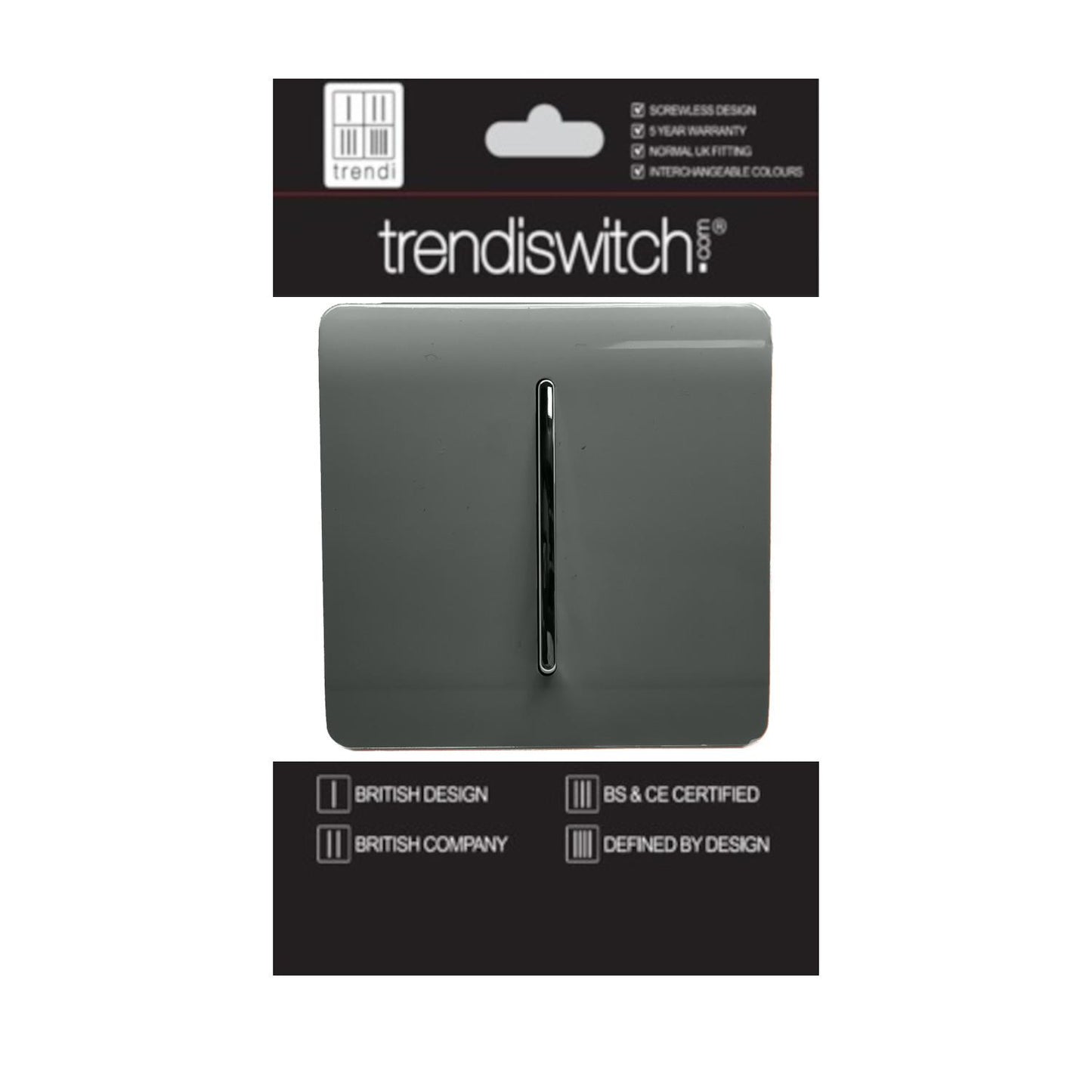 Trendi 1 Gang 2 Way 240V Screwless Artistic Modern Glossy 10 Amp Chrome Rocker Electrical Wall Light Switch in Charcoal Grey ( 3 pack)