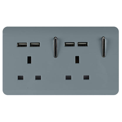 Trendi 2 Gang Artistic Modern Glossy 13 Amp 4x2.1mA USB Switched Tactile Plug Socket Cool Grey