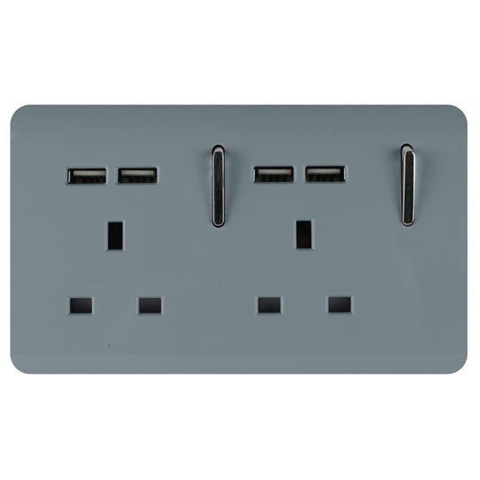 Trendi 2 Gang Artistic Modern Glossy 13 Amp 4x2.1mA USB Switched Tactile Plug Socket Cool Grey