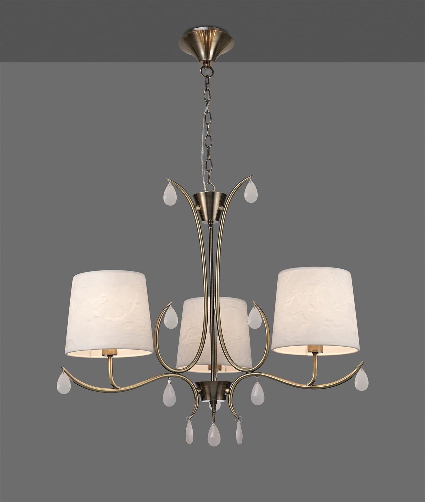 Mantra M6335 Andrea Pendant 67cm Round, 5 x E14 (Max 20W), Antique Brass, White Shades, White Crystal Droplets