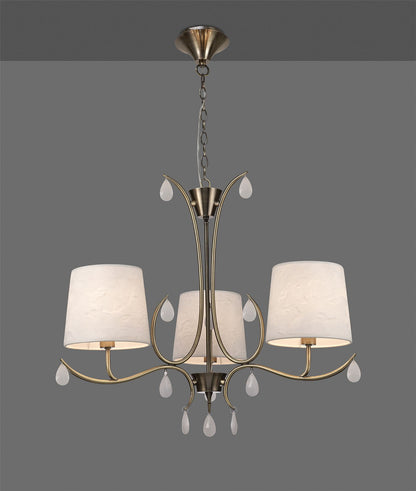 Mantra M6335 Andrea Pendant 67cm Round, 5 x E14 (Max 20W), Antique Brass, White Shades, White Crystal Droplets
