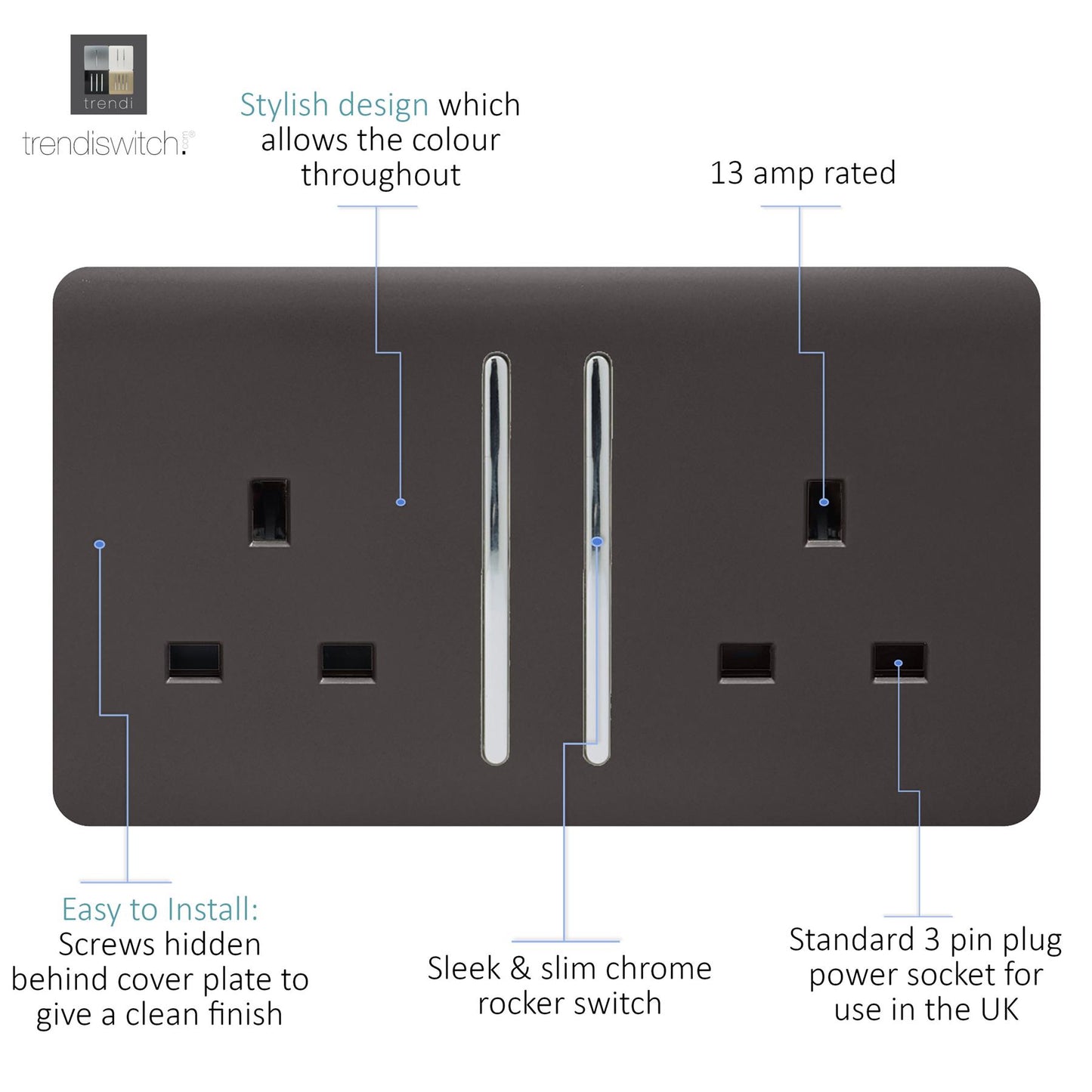 Trendi 2 Gang Artistic Modern Glossy 13 Amp Switched Tactile Plug Socket Dark Brown (5 Pack)