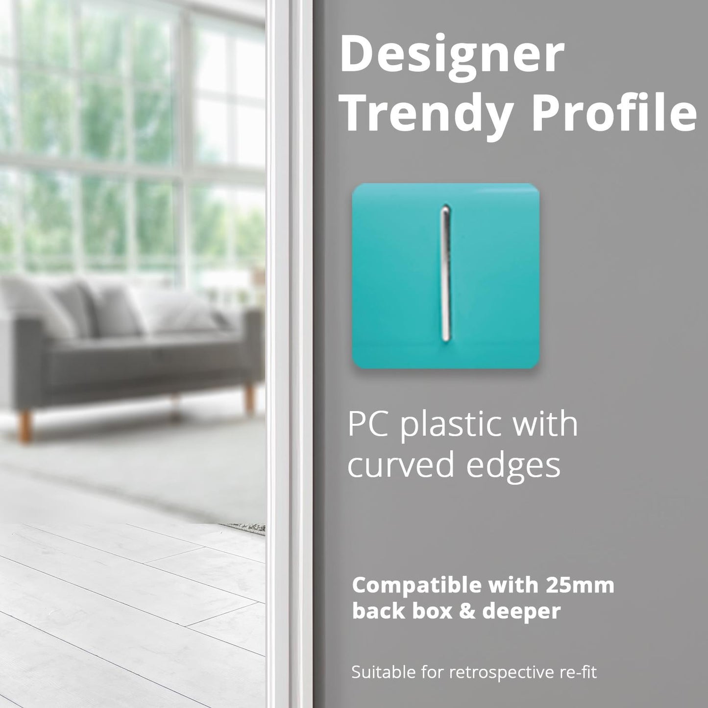 Trendi 1 Gang 2 Way 240V Screwless Artistic Modern Glossy 10 Amp Chrome Rocker Electrical Wall Light Switch in Bright Teal (5 pack)