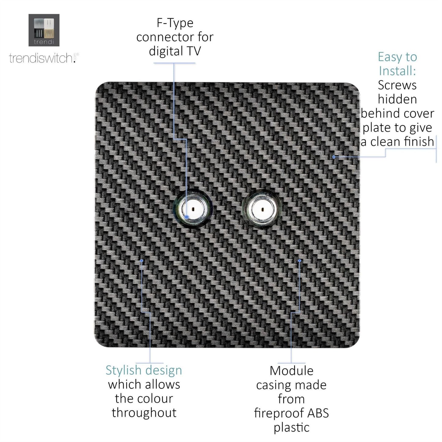 Trendi Switch 2 Gang Modern Designer Male F-Type Satellite Television Socket in Carbon Fibre