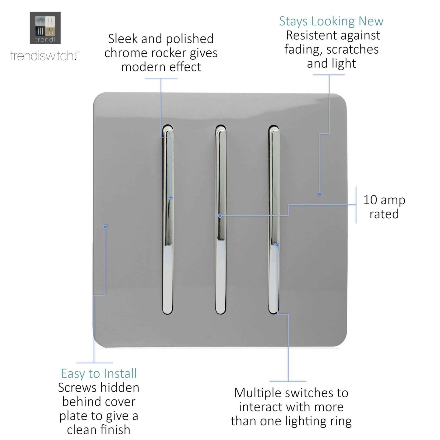 Trendi 3 Gang 2 Way Artistic Modern Glossy 10 Amp Rocker Tactile Light Switch Light Grey