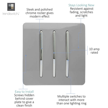 Trendi 3 Gang 2 Way Artistic Modern Glossy 10 Amp Rocker Tactile Light Switch Light Grey