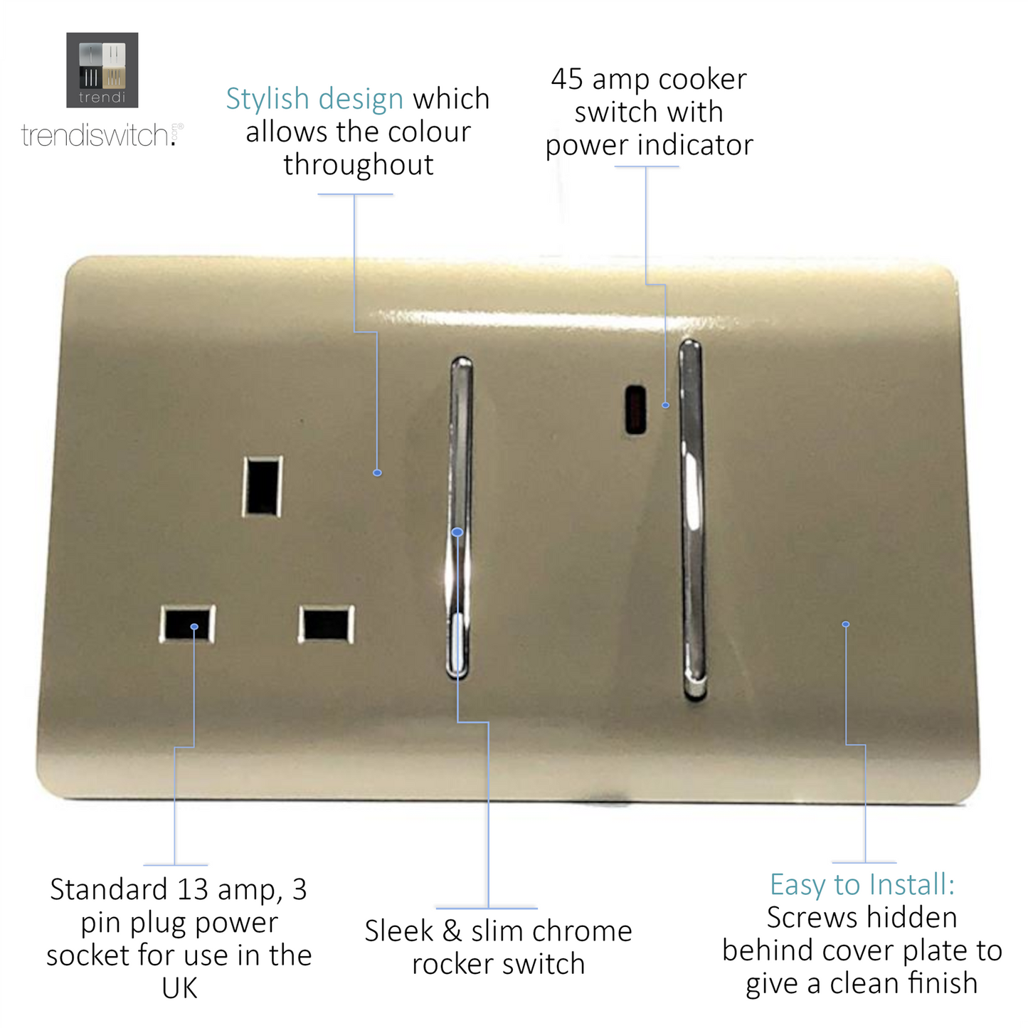 Trendi Artistic Modern 45 A Cooker Switch Inc Plug Socket & Neon Insert Gold