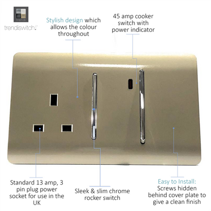Trendi Artistic Modern 45 A Cooker Switch Inc Plug Socket & Neon Insert Gold