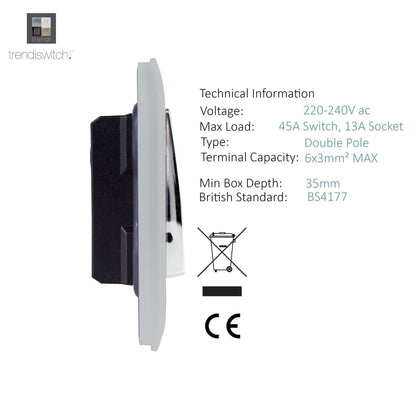 Trendi Artistic Modern Glossy 45 A Cooker Switch & Plug Socket Inc Neon Insert  Stainless Steel