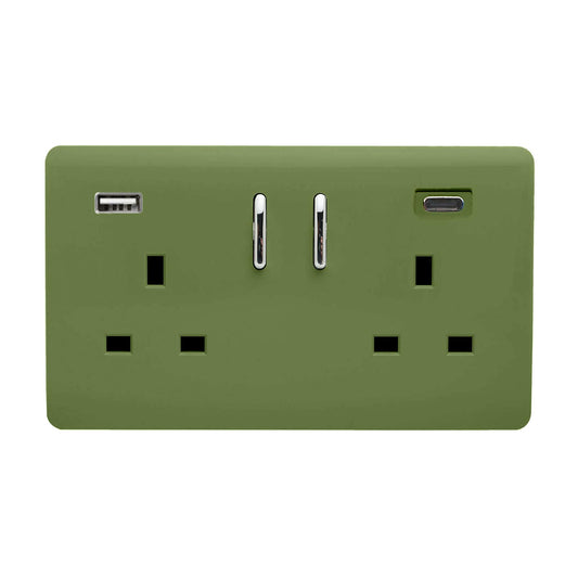 Moss Green Screwless 2 Gang Switched Double Socket 13A With 1 x USB-A & 1 x USB-C 45W (Shared), (35mm Back Box Req.), 10yrs Warranty