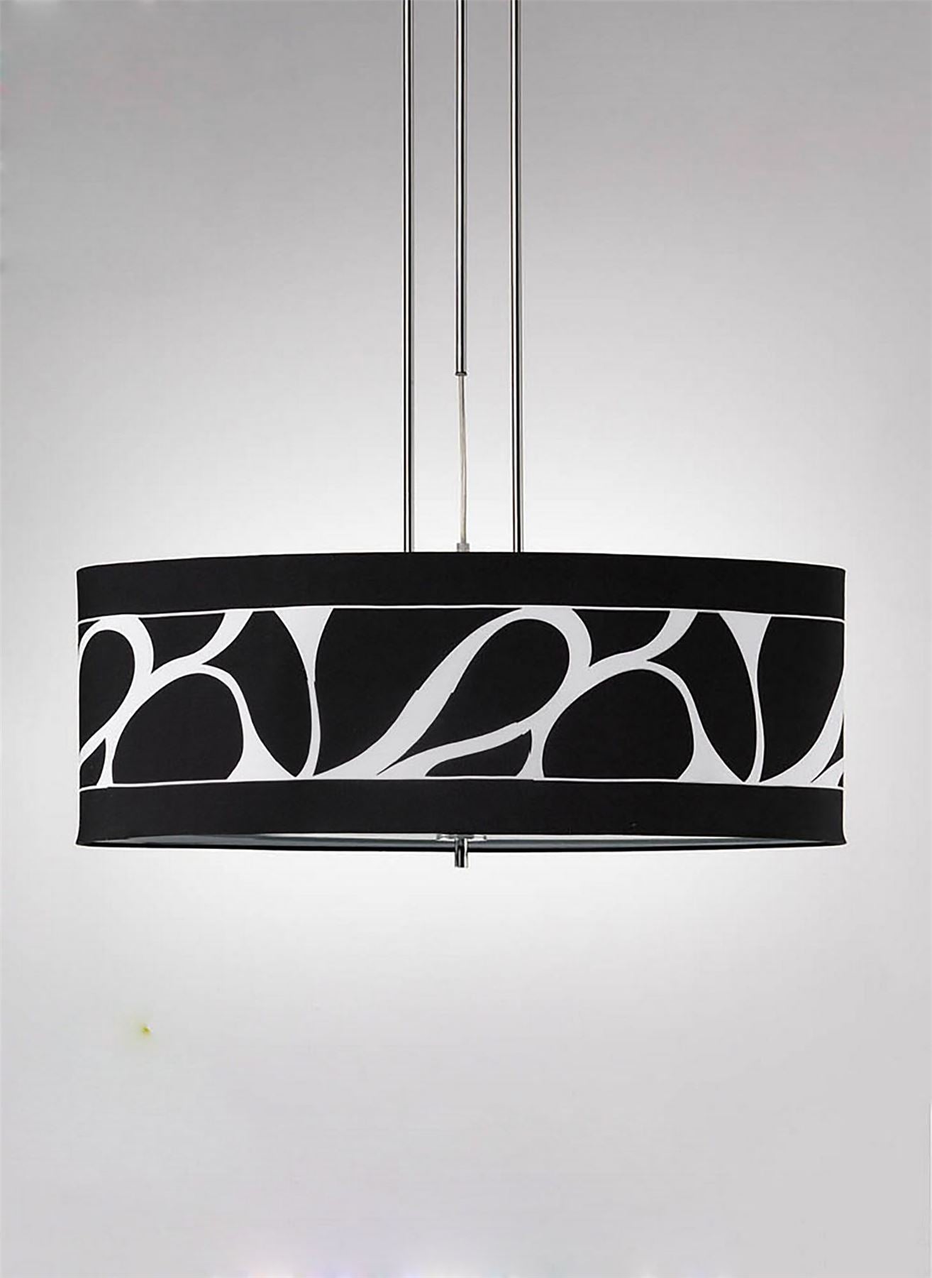 Mantra Manhattan Linear Pendant 2 Light L1, SGU10, Polished Chrome, Frosted Glass with Black Patterned Shade, CFL Lamps INCLUDED