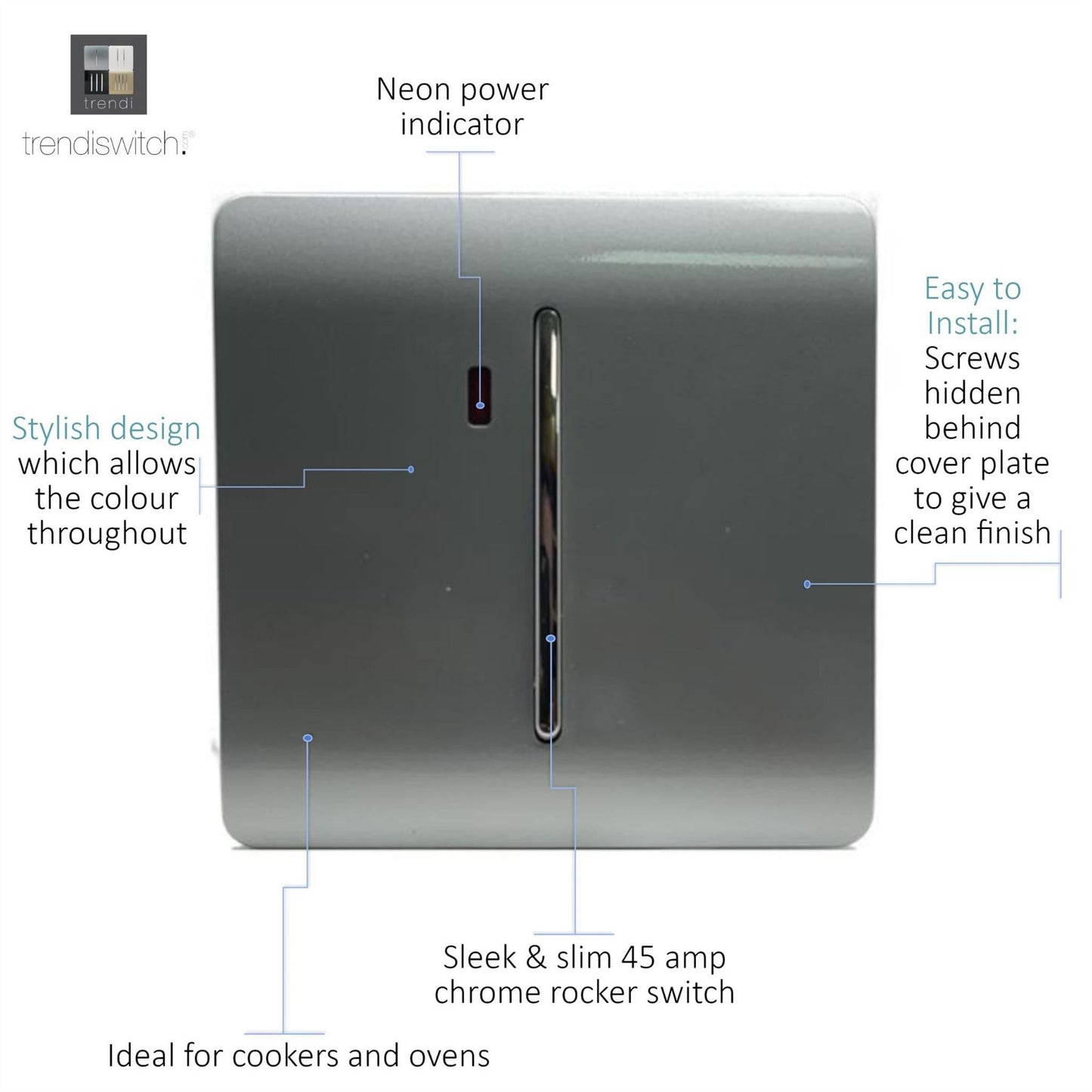 Trendi Artistic Modern 20 A Light Switch & Neon Insert Silver ART-WHS1SI