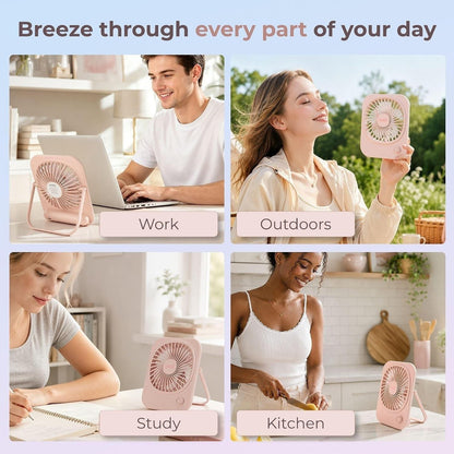 OOZZ Ultra-Slim Portable Desk Fan, Compact Personal Cooling Fan, Stepless Speed Control, USB-C Rechargeable Battery, Quiet Operation for Home & Office, OZ-4122 (Pink)
