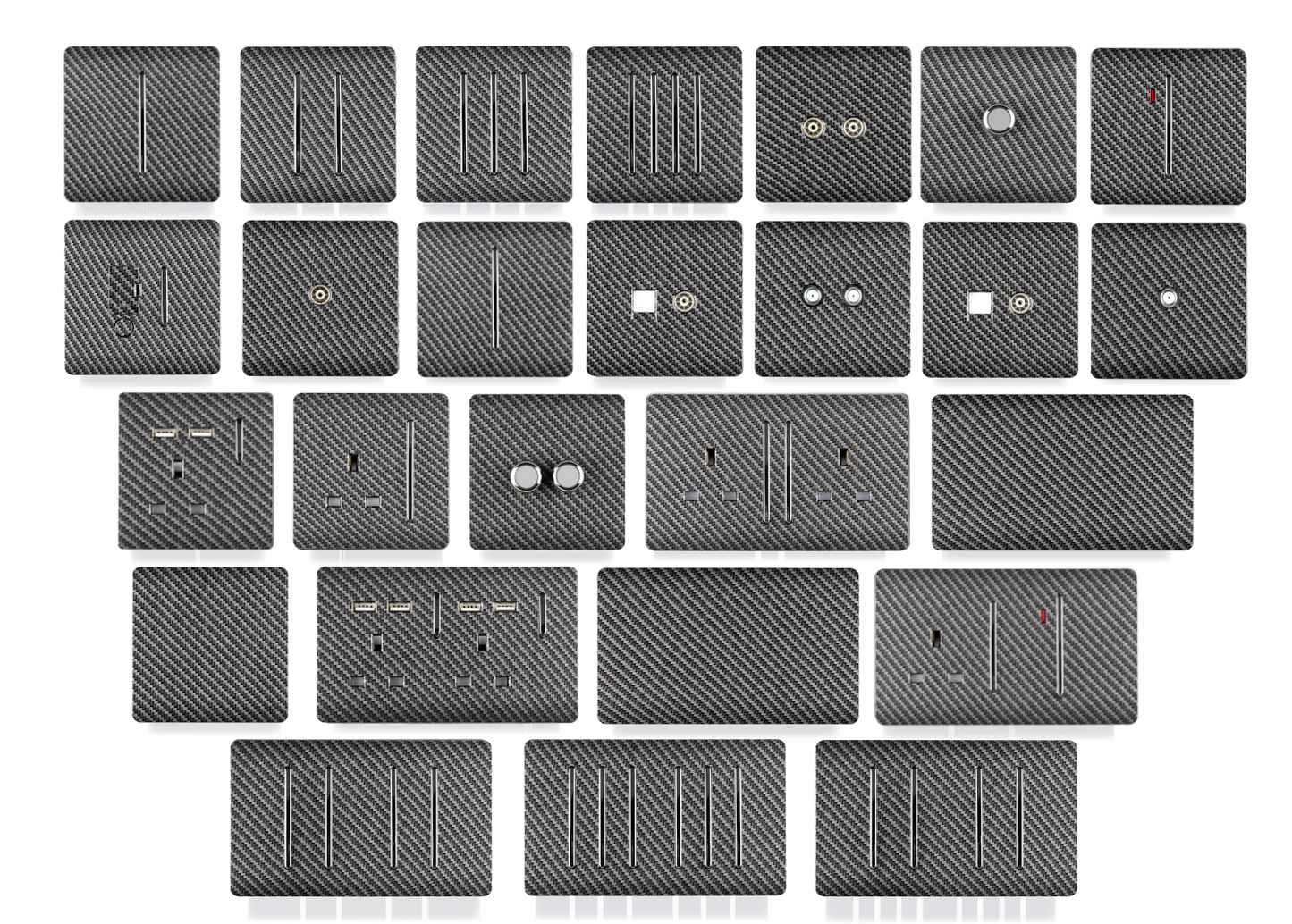 Trendi 2 Gang Artistic Modern Glossy 13 Amp Long Switched Tactile Plug Socket Carbon Fibre (5 Pack)