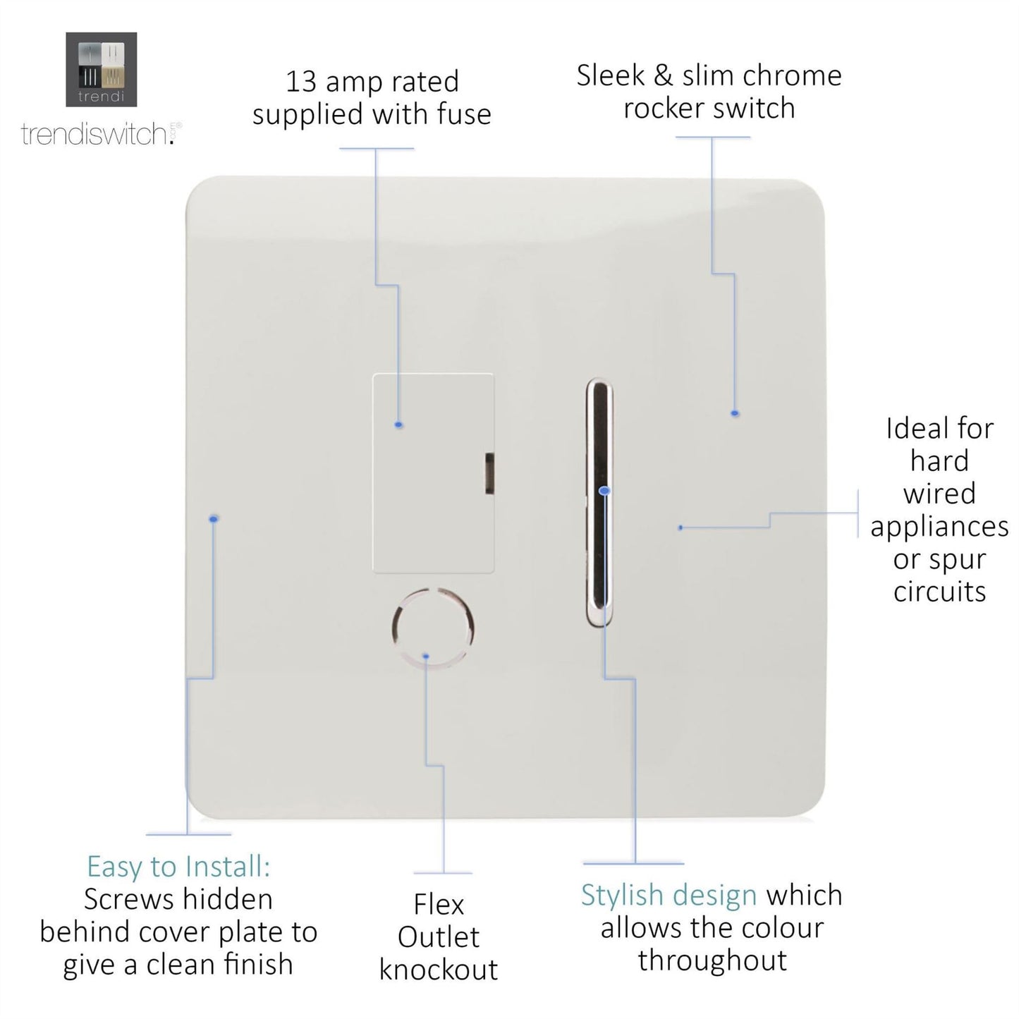 Trendi Artistic Modern Glossy Tactile Fused Spur Switch White ART-FSWH