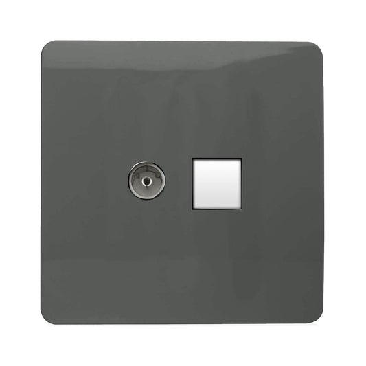 Trendi Switch 2 Gang TV Co-Axial & RJ45 Cat 6 Modern Designer PC Ethernet Sockets in Charcoal