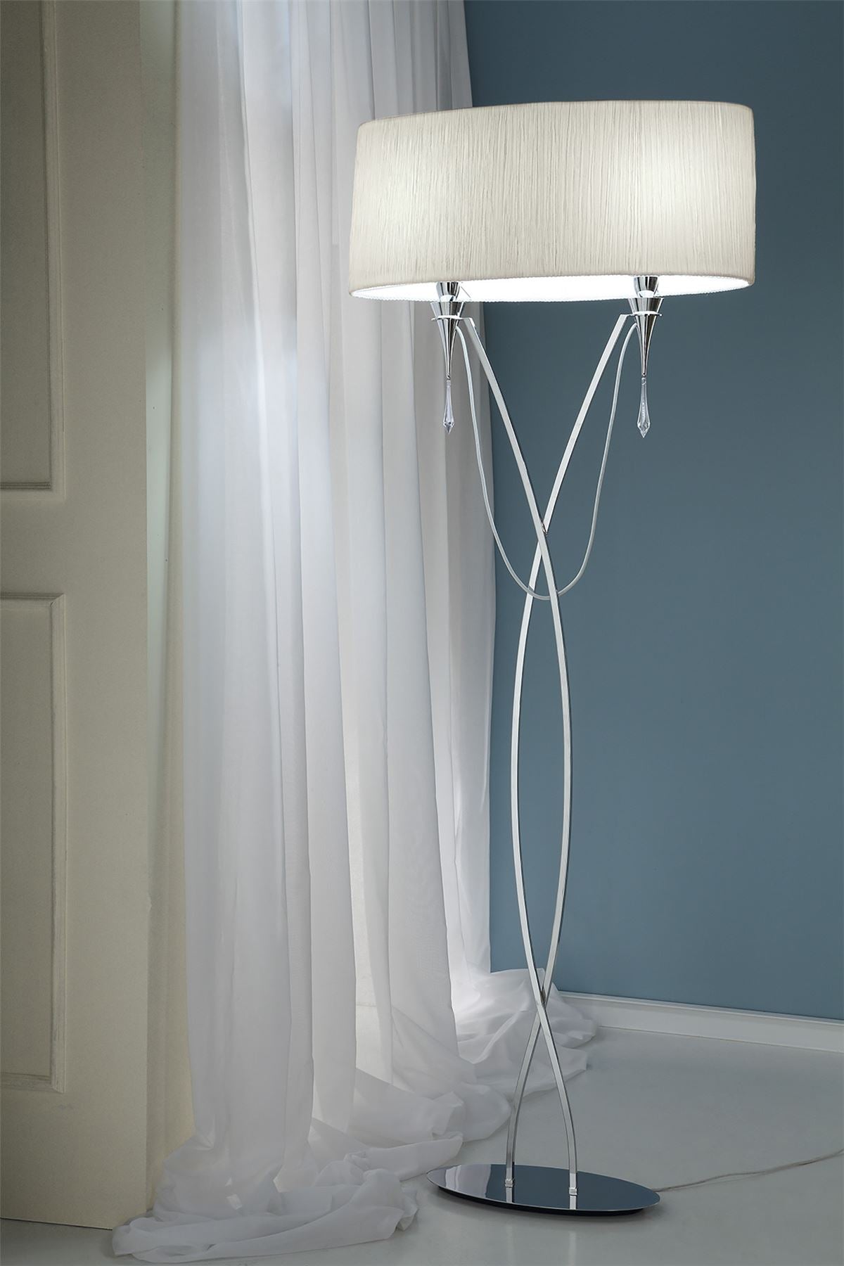 Mantra Lucca Floor Lamp 2 Light E27, Polished Chrome with White Shade & Clear Crystal