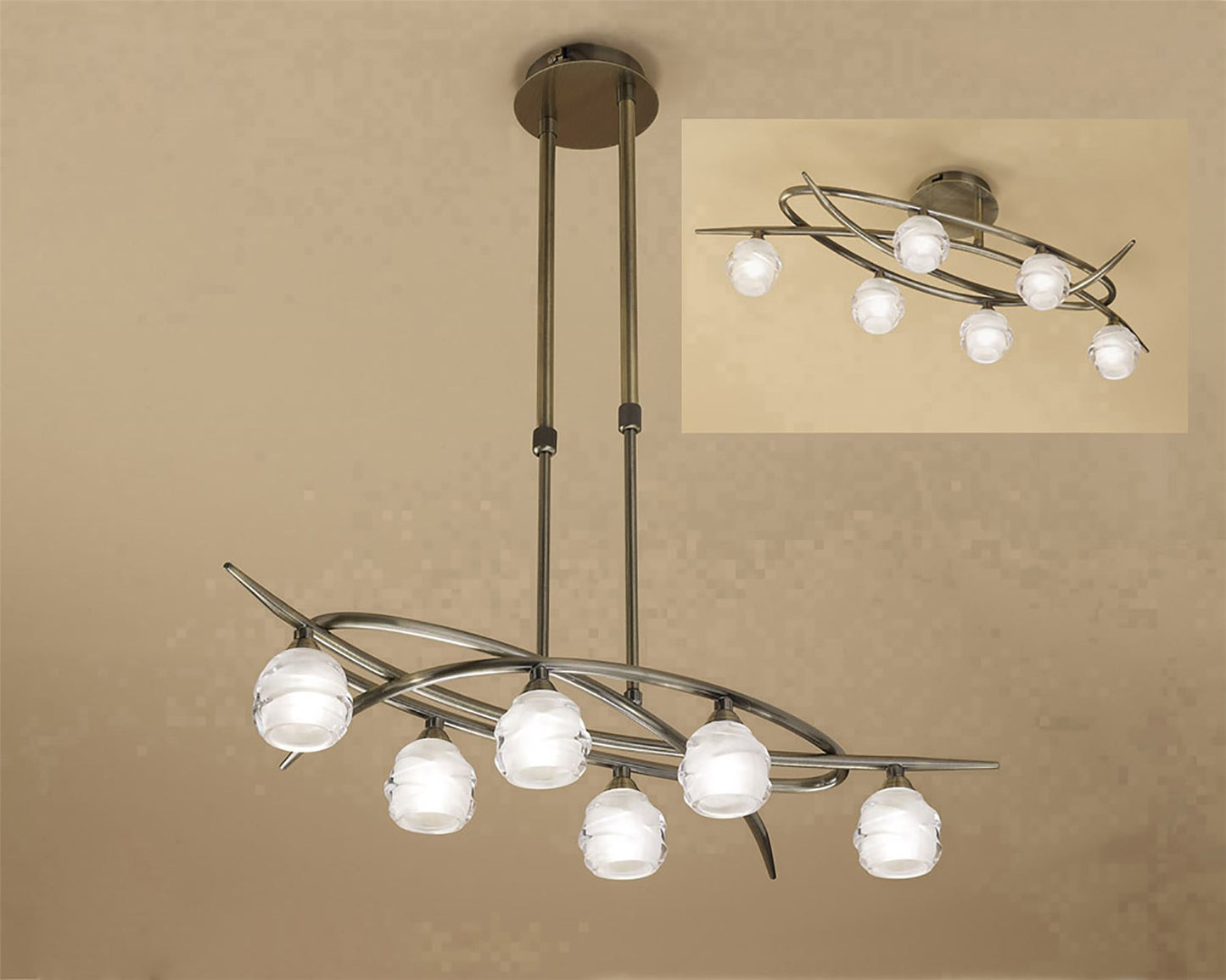 Mantra M1821 Loop Rectangular Telescopic Semi Flush Convertible 6 Light G9 ECO, Antique Brass