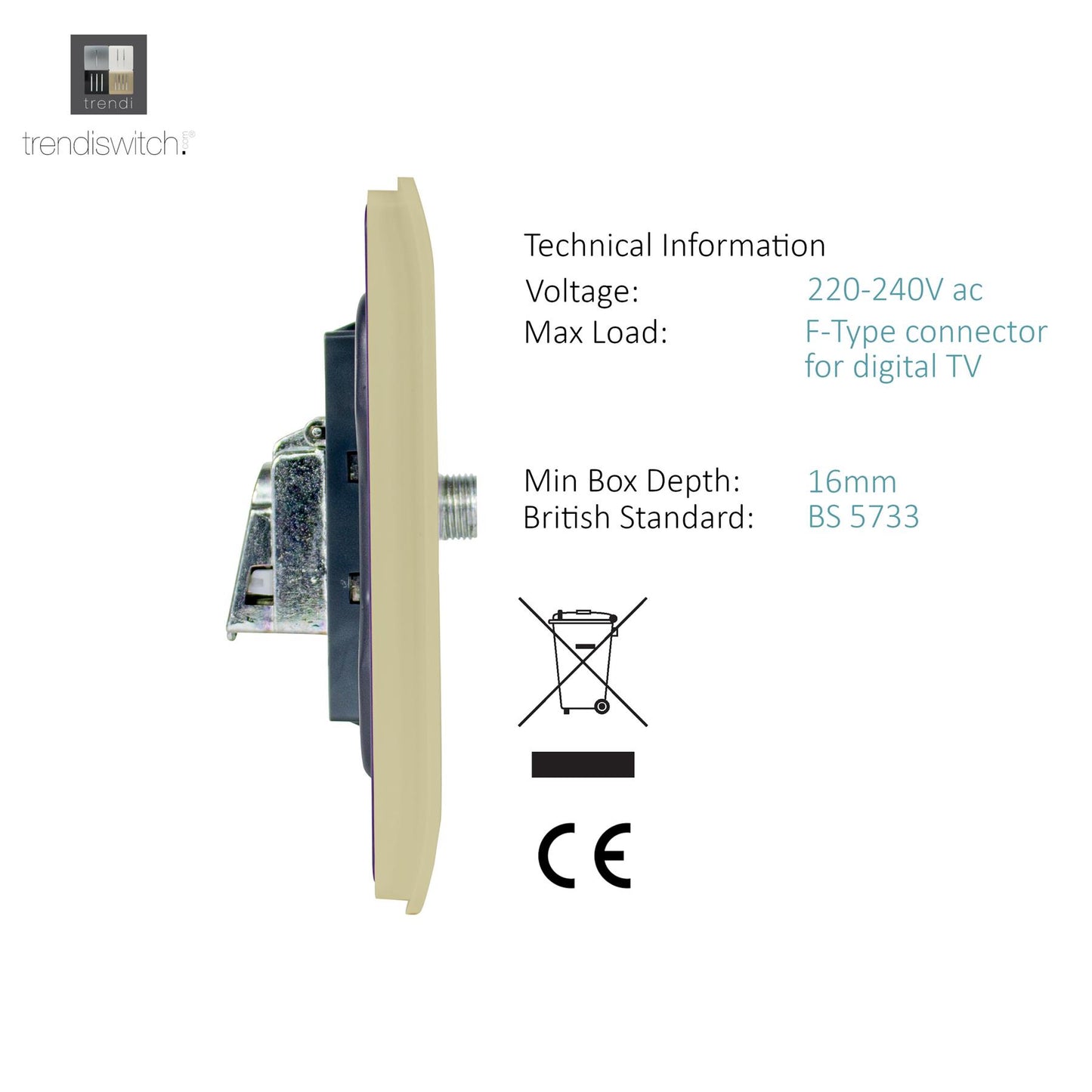 Trendi Switch Champagne Gold TV Coaxial & F-Type Satellite Socket - Screwless
