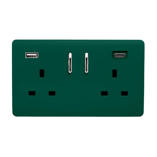 Dark Green Screwless 2 Gang Switched Double Socket 13A With 1 x USB-A & 1 x USB-C 65W (Shared), (35mm Back Box Req.), 10yrs Warranty