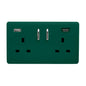 Dark Green Screwless 2 Gang Switched Double Socket 13A With 1 x USB-A & 1 x USB-C 65W (Shared), (35mm Back Box Req.), 10yrs Warranty