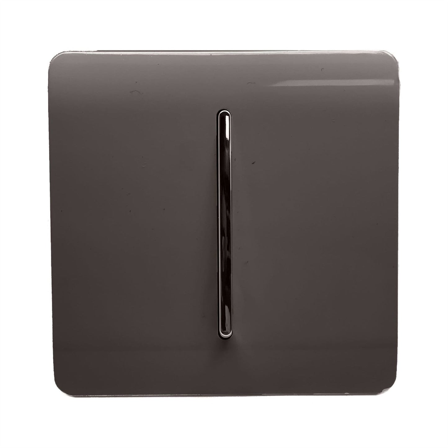 Trendi 1 Gang 2 Way 240V Screwless Raised Front Plate Plastic Artistic Modern Glossy 10 Amp Chrome Rocker Single Electrical Wall Light Switch in Dark Mocha Brown