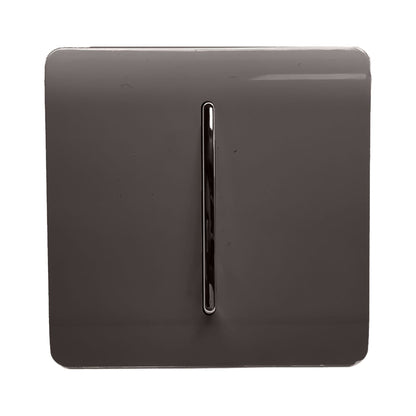 Trendi 1 Gang 2 Way 240V Screwless Raised Front Plate Plastic Artistic Modern Glossy 10 Amp Chrome Rocker Single Electrical Wall Light Switch in Dark Mocha Brown