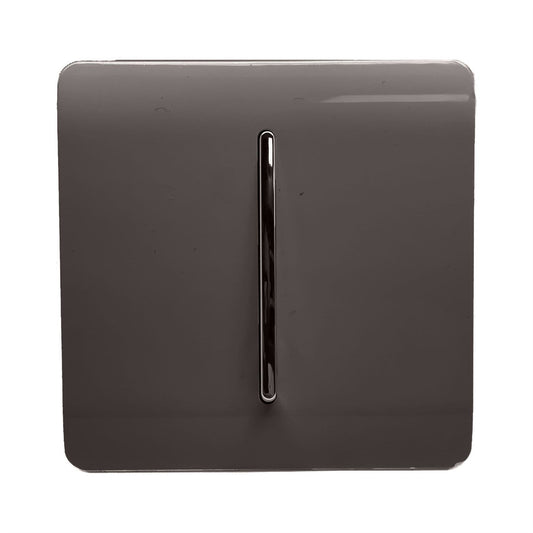 Trendi 1 Gang 2 Way 240V Screwless Raised Front Plate Plastic Artistic Modern Glossy 10 Amp Chrome Rocker Single Electrical Wall Light Switch in Dark Mocha Brown