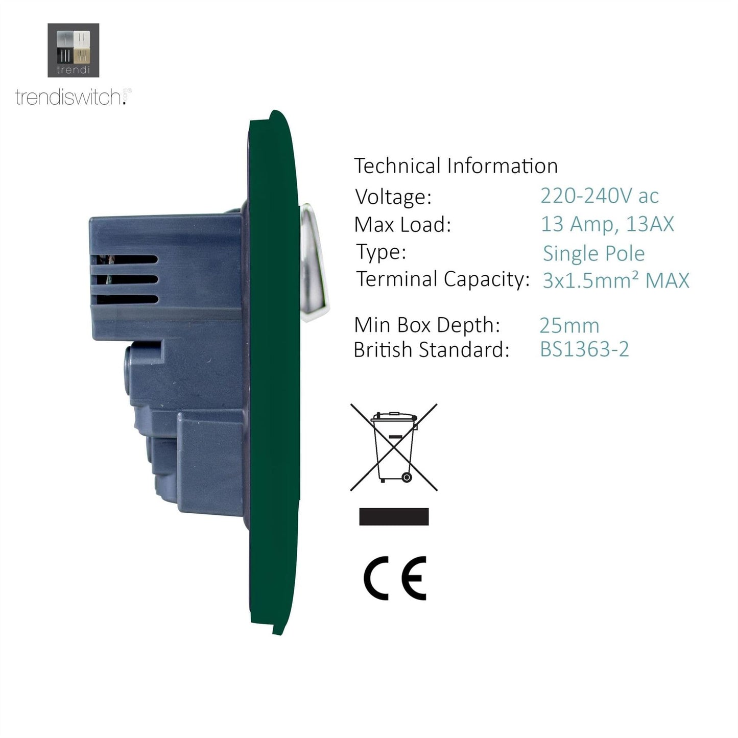 Trendi 1 Gang Artistic Modern Glossy 13 Amp 2x2.1mA USB Switched Tactile Dark Green