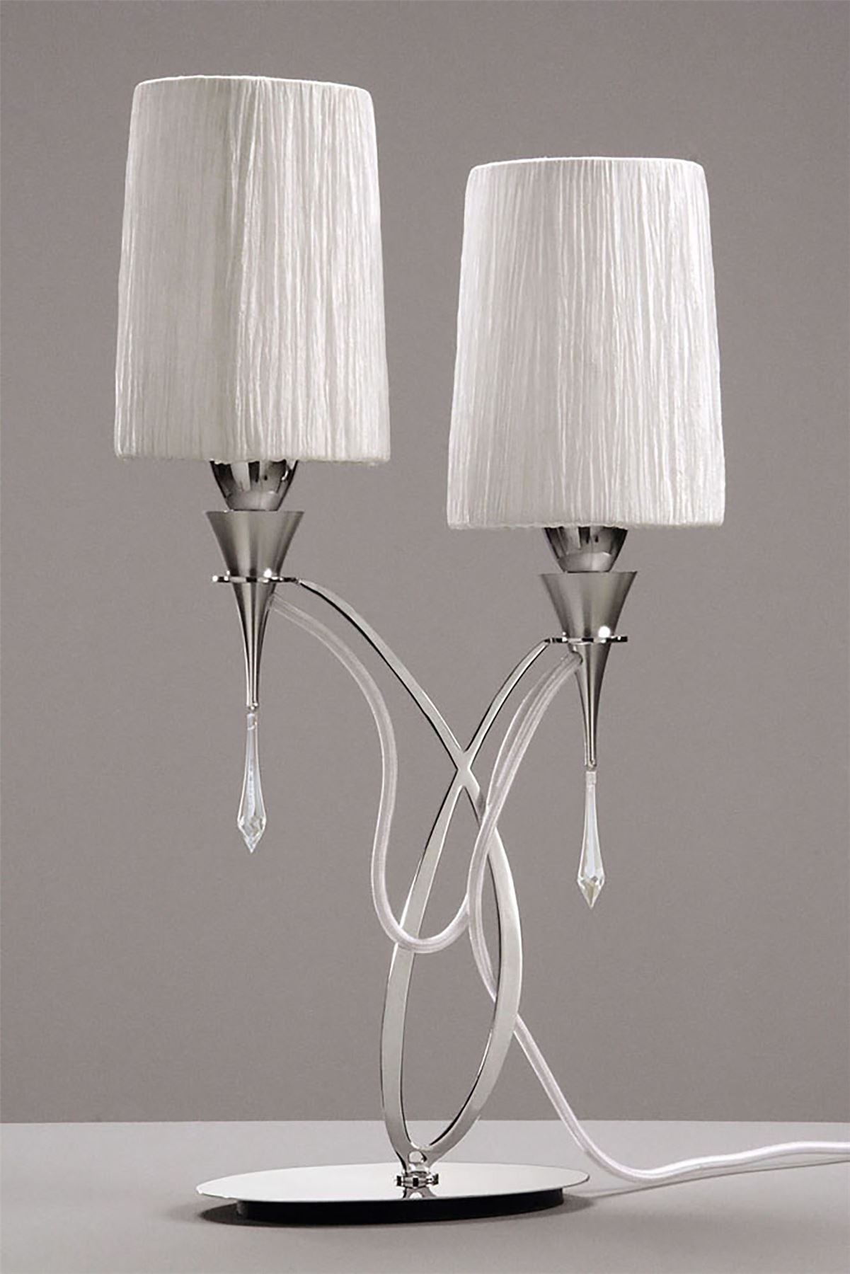 Mantra Lucca Crystal Table Lamp 2 Light E27, Polished Chrome with White Shades & Clear Crystal