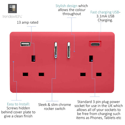 Trendi 2 Gang Artistic Modern Glossy 13 Amp 2 x Type A & C 3100mA USB Switched Plug Socket Strawberry Red