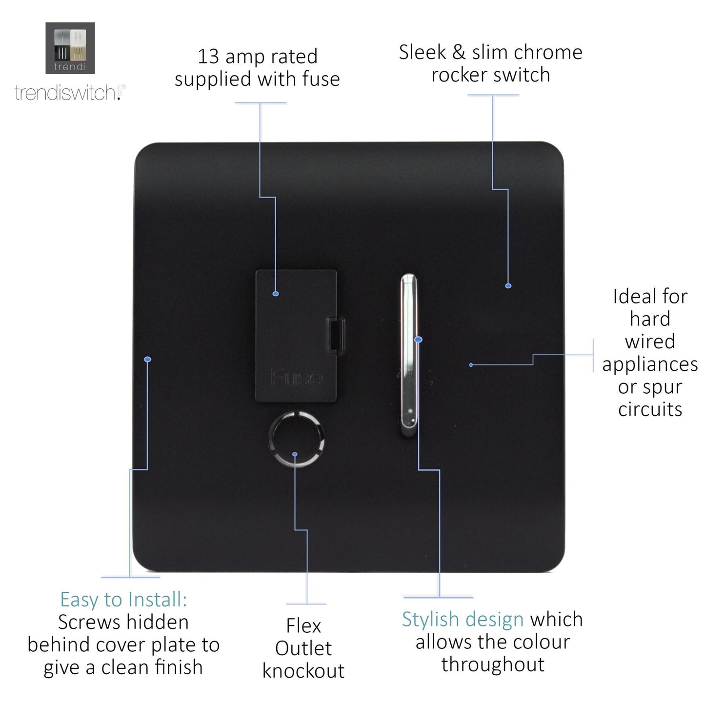 Trendi Artistic Modern Fused Spur Switch Matt Black Soft Touch - ART-FSSTB