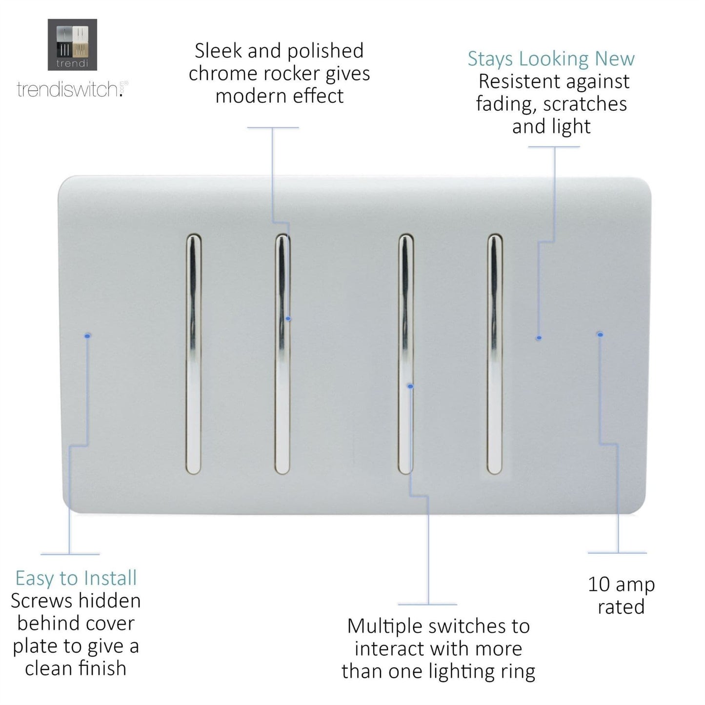 Trendi 4 Gang (2 Way & 2xIntermediate) Glossy 10 Amp Rocker Light Switch Silver
