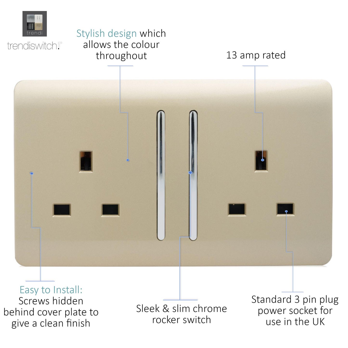 Trendi 2 Gang Artistic Modern Glossy 13 Amp Switched Tactile Plug Socket Champagne Gold (3 Pack)