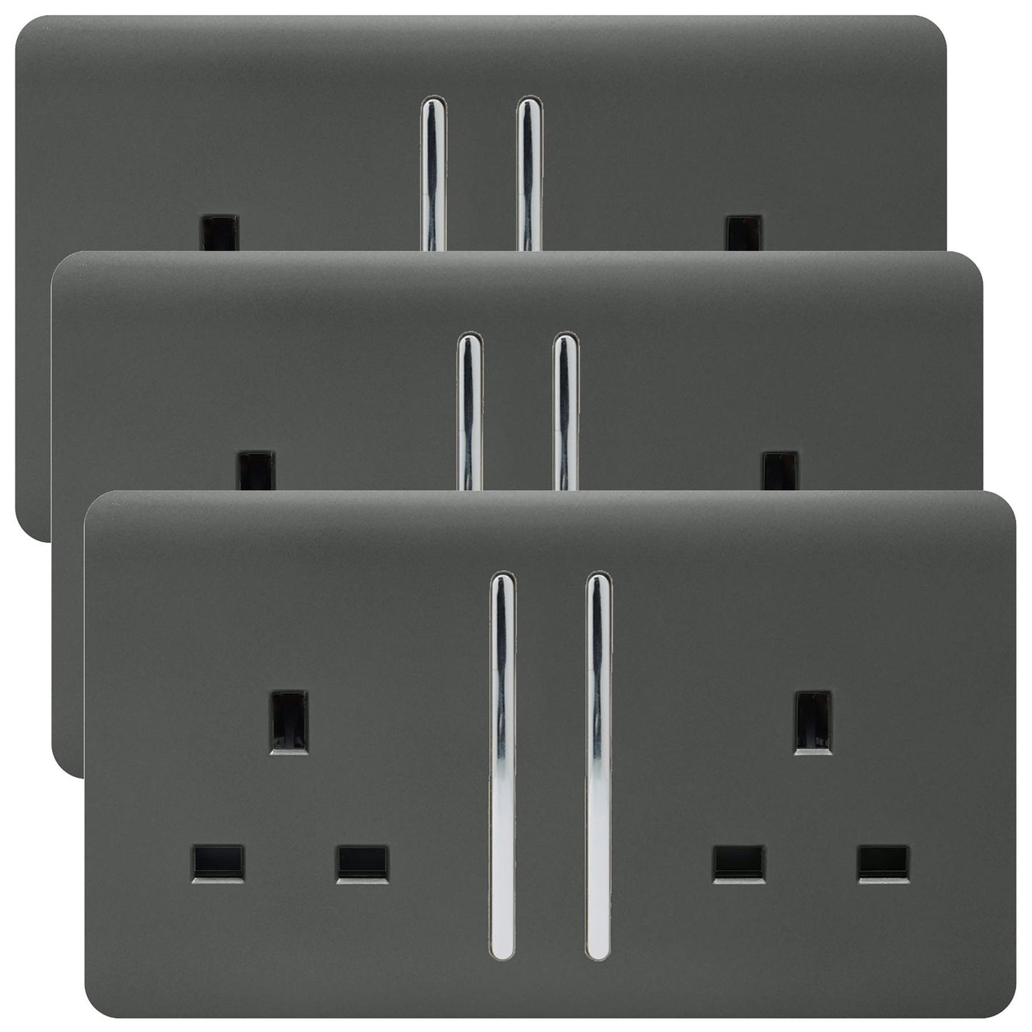 Trendi 2 Gang Artistic Modern Glossy 13 Amp Switched Tactile Plug Socket Charcoal (3 Pack)