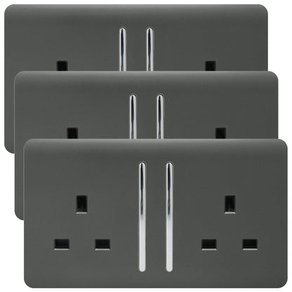 Trendi 2 Gang Artistic Modern Glossy 13 Amp Switched Tactile Plug Socket Charcoal (3 Pack)