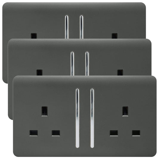 Trendi 2 Gang Artistic Modern Glossy 13 Amp Switched Tactile Plug Socket Charcoal (3 Pack)