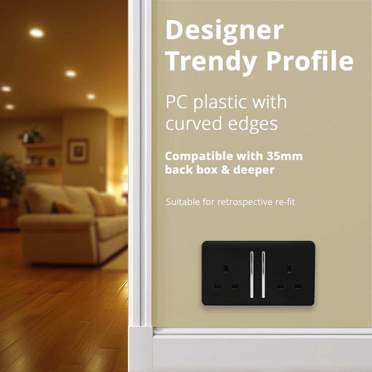 Trendi 2 Gang 13 Amp Switched Plug Socket Matt Black Soft Touch - ART-SKT213LSTB