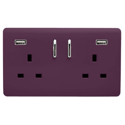 Trendi 2 Gang Artistic Modern Glossy 13 Amp 2 x 3.1mA USB Switched Plug Socket Plum