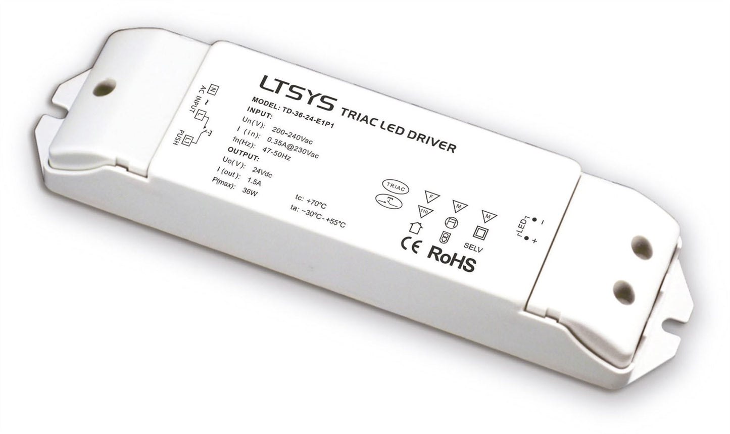LTECH Intelligent LED driver, Triac/ELV Push Dimmable, 36W 24V 3A Constant voltage, Dimmable Driver, 200-240Vac input, 85% efficiency, IP44, 3yrs Wrnty