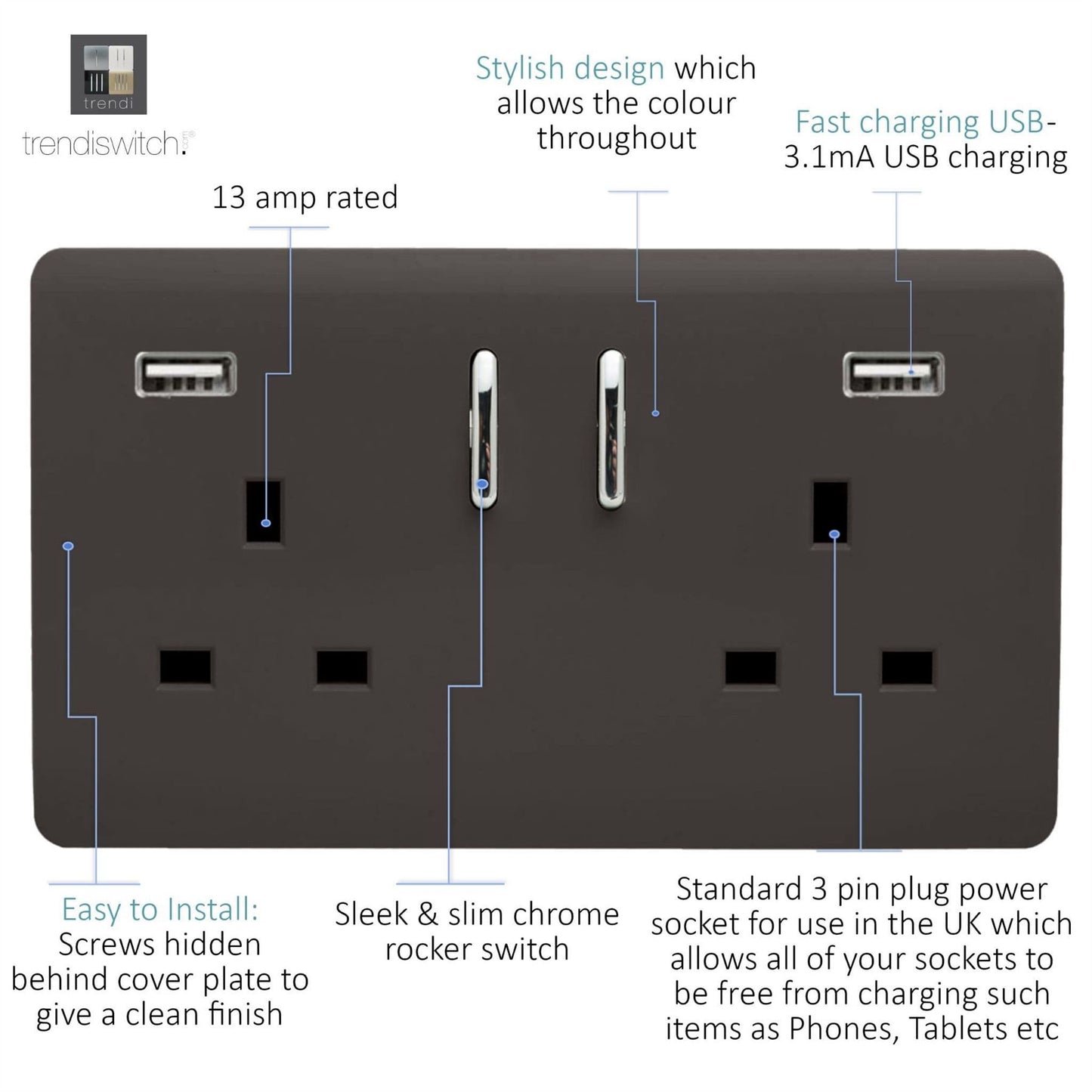 Trendi 2 Gang Artistic Modern Glossy 13 Amp 2 x 3.1mA USB Switched Plug Socket Dark Brown