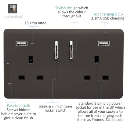 Trendi 2 Gang Artistic Modern Glossy 13 Amp 2 x 3.1mA USB Switched Plug Socket Dark Brown