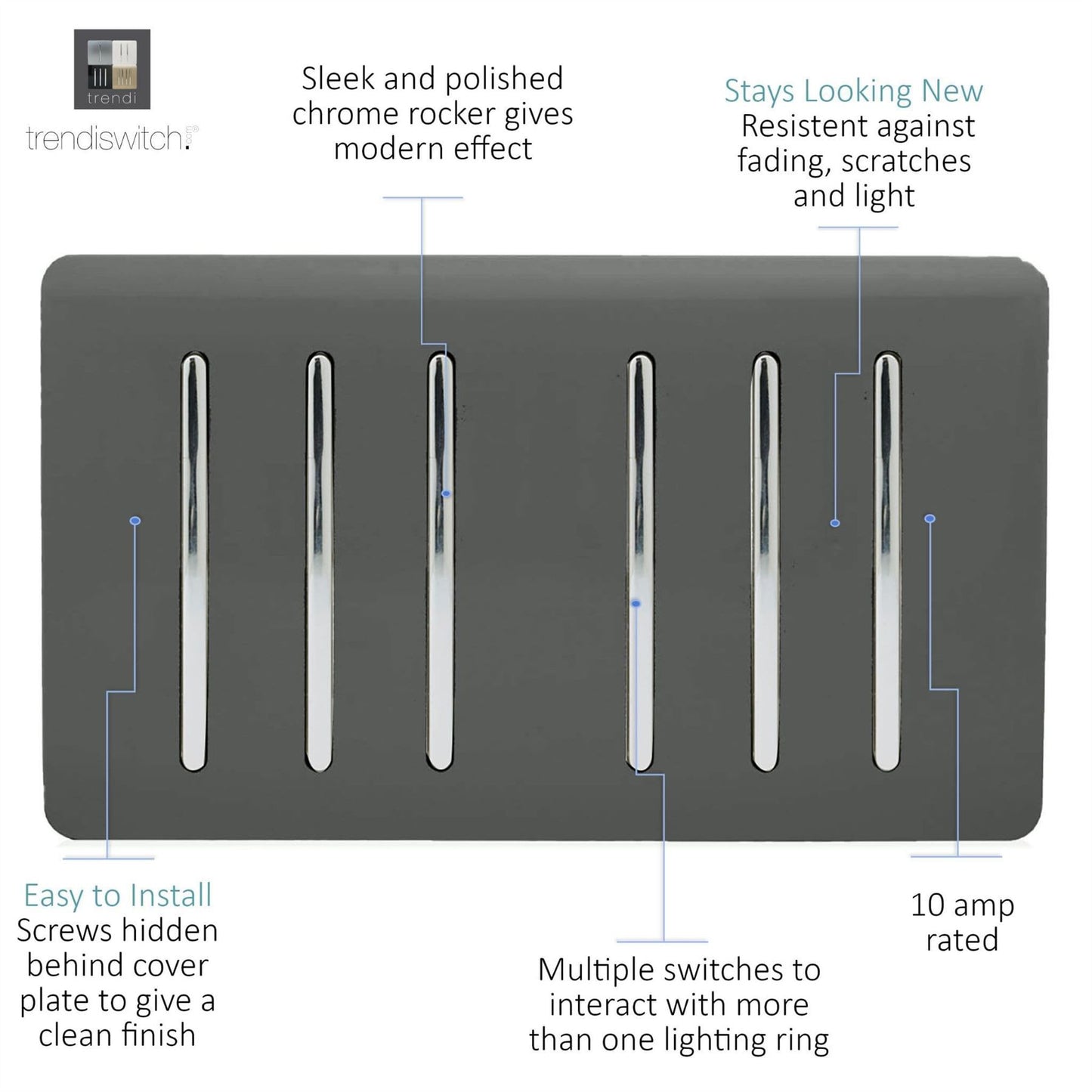 Trendi Artistic Modern Glossy 6 Gang 2 Way Rocker Double Plate Tactile Light Switch Charcoal